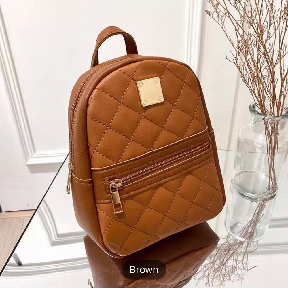 Classic Solid Color Check Pattern Backpack Purse W/2 Gold Zippers (Brown)